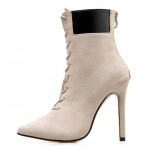 Beige Suede Point Head Lace Up Rider Stiletto High Heels Boots Shoes